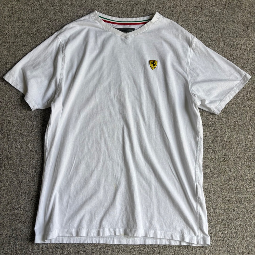 Ferrari T-Shirt Men Large White Scuderia V-Neck Racing Logo Pin Holes Staining